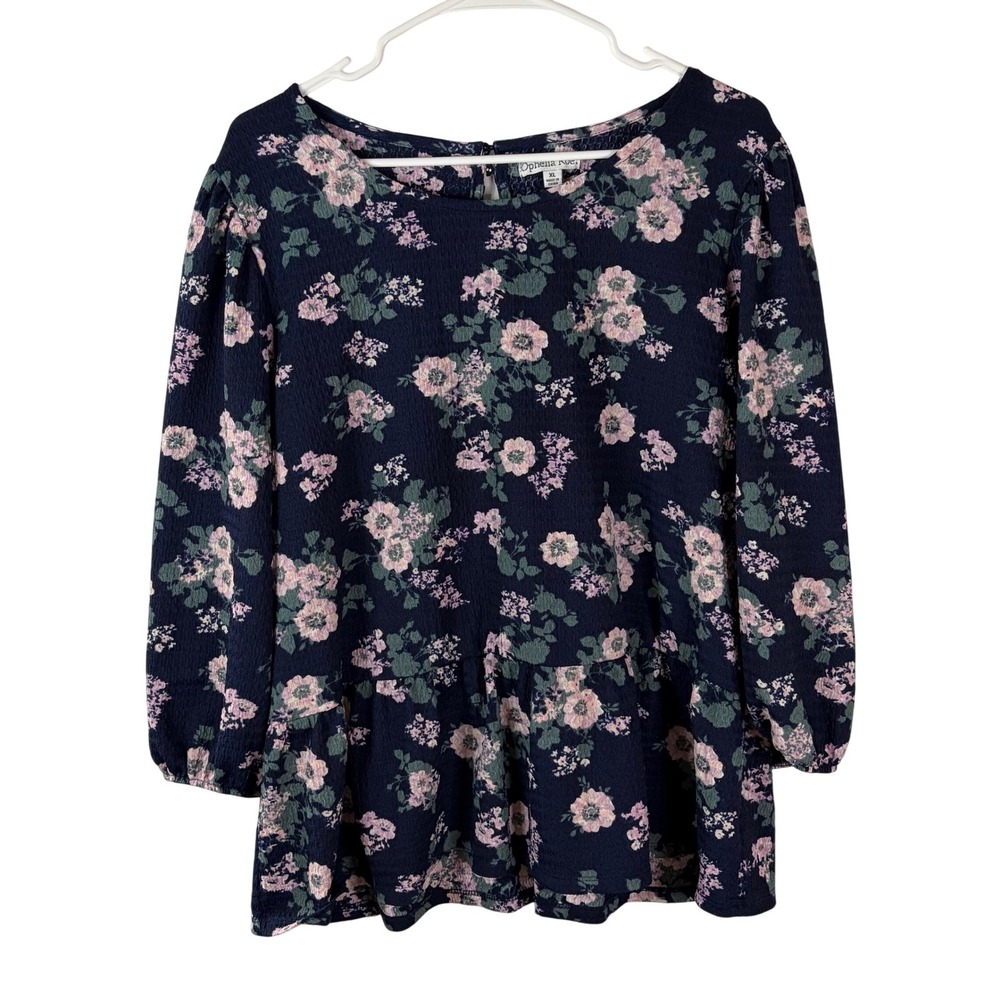 Ophelia Roe Navy Floral Peplum Blouse XL Pink Green 3/4 Puff Sleeve Textured Top